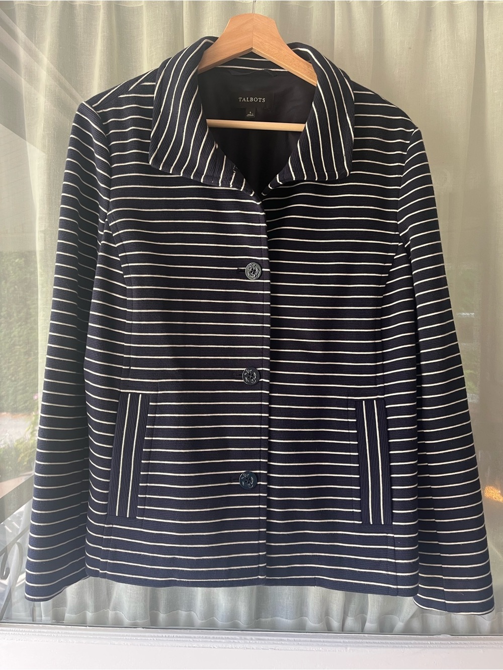 Talbots Navy & White Striped Knit Blazer